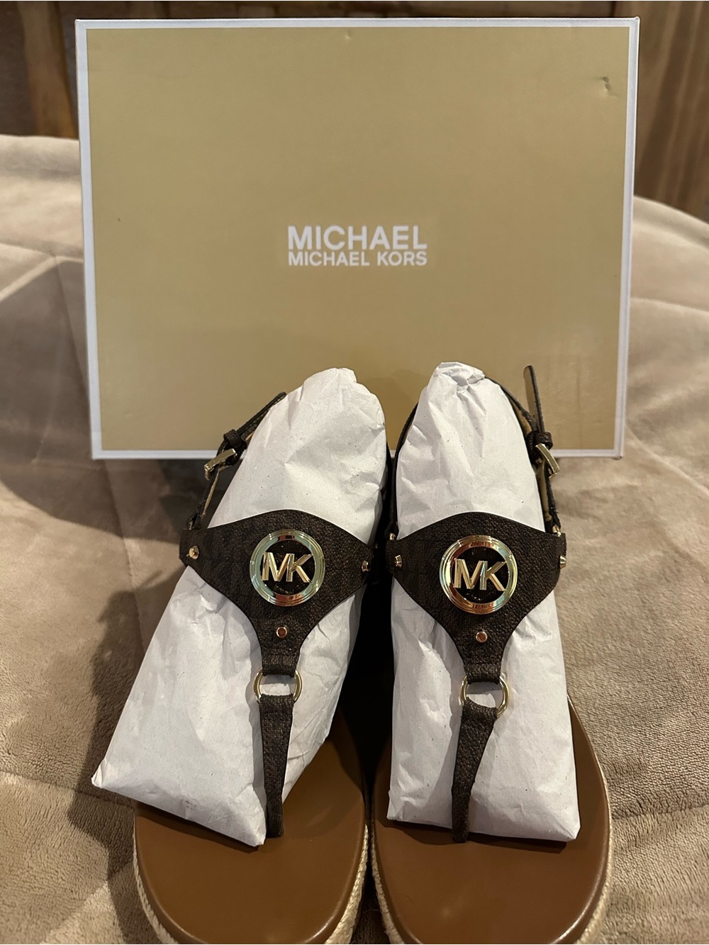 Michael Kors Brown and Gold Logo Espadrille T-Strap Sandals